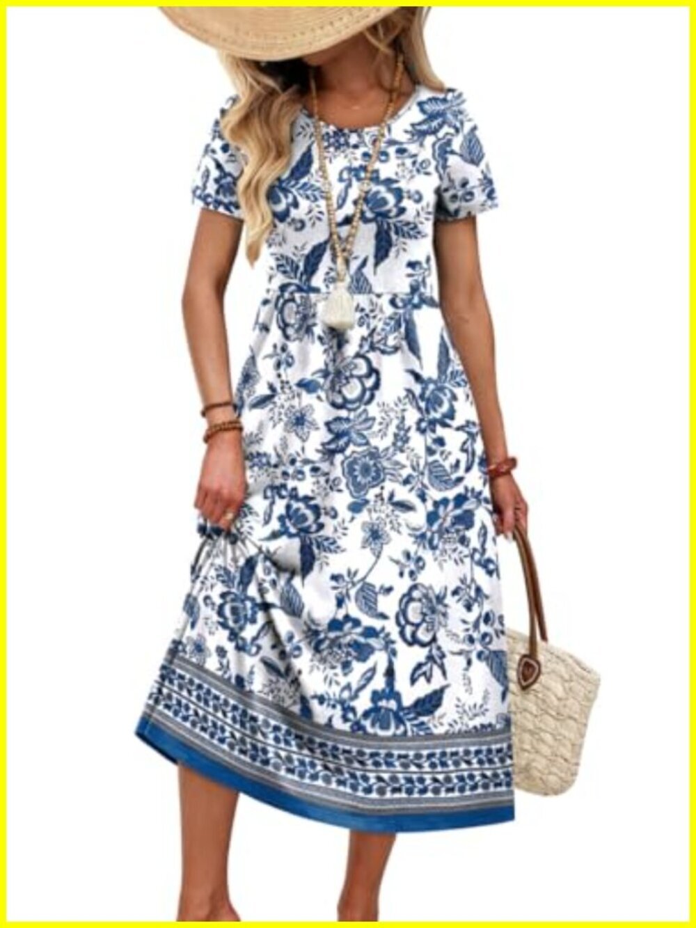 Women's Flowy Casual Midi Sundress with Pockets Short Sleeve Crewneck